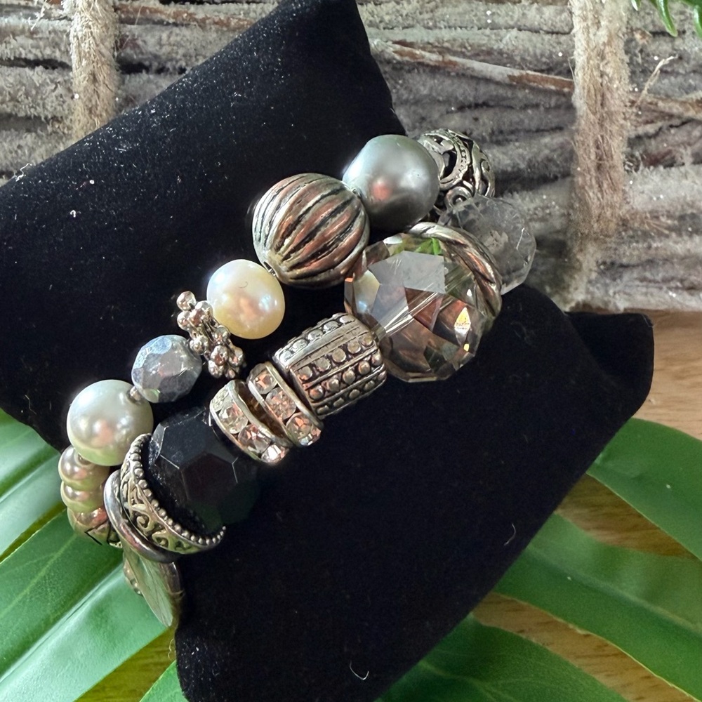 Chic Silver and Black Beaded Bracelet For Biggest Wrists 7- 8+